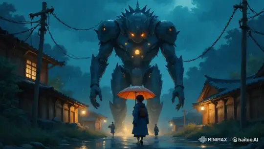 Mysterious Robotic Beast Meets Woman in Rainy Japanese Village – AI Generated Video | Hailuo AI