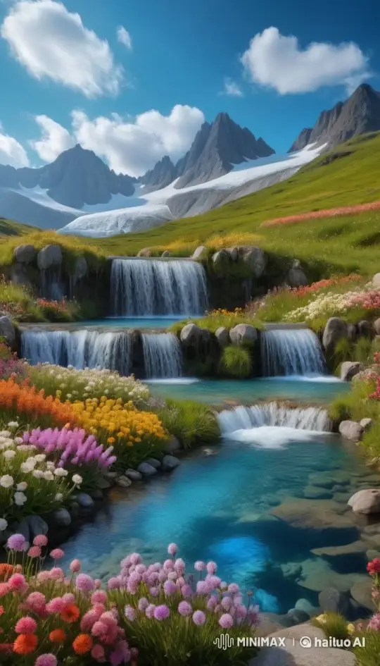 Tranquil Mountain Retreat with Waterfall and Blooming Flowers – AI Generated Video | Hailuo AI