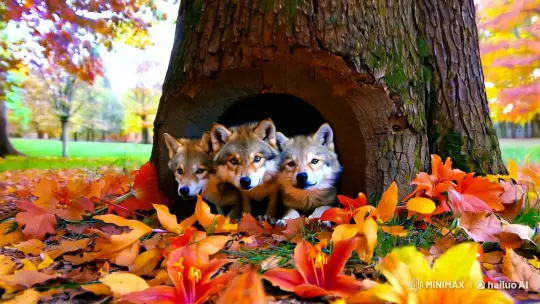 Cute Wolf Cubs Peering from Tree Trunk in Autumn Forest – AI Generated Video | Hailuo AI
