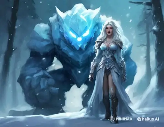 Regal Woman and Ice Golem Stand Guard in Snowy Forest – AI Generated Video | Hailuo AI