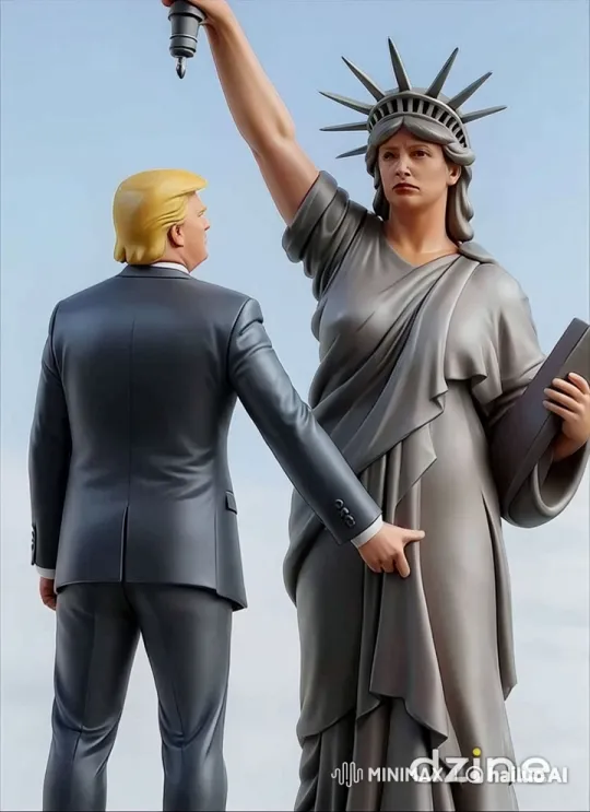 Stylized Caricature Depicts Inappropriate Interaction with Statue of Liberty – AI Generated Video | Hailuo AI