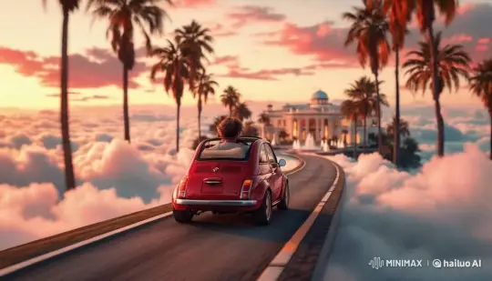 Red Car Drives Through Dreamy Sunset to Palace – AI Generated Video | Hailuo AI