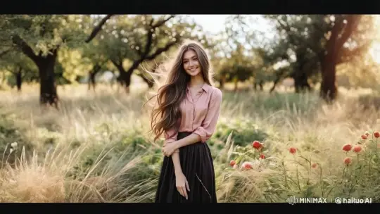Young Woman in Serene Orchard Amidst Sunlit Trees – AI Generated Video | Hailuo AI