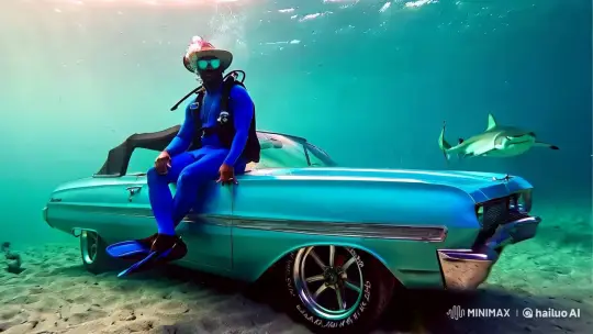 Teal Chevy Lowrider Meets Great White in Ocean – AI Generated Video | Hailuo AI