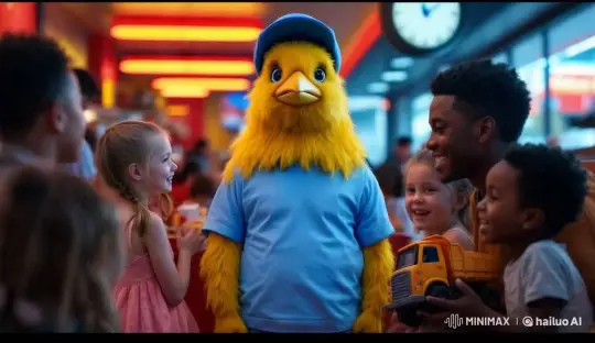 Yellow Bird Character Engages Children in Joyful Restaurant Scene – AI Generated Video | Hailuo AI