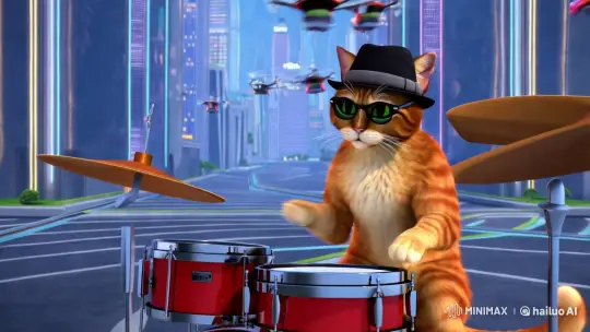 Ginger Cat Drummer in Futuristic Cityscape – AI Generated Video | Hailuo AI