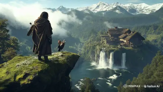 Magical Landscape with Cloaked Archer and Majestic Bird – AI Generated Video | Hailuo AI