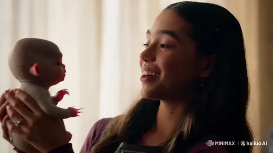 Young Woman Interacts with Alien Baby in Dreamy Scene – AI Generated Video | Hailuo AI