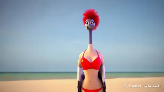 Anthropomorphic Crane Delighted by Beach Balls on Serene Beach – AI Generated Video | Hailuo AI