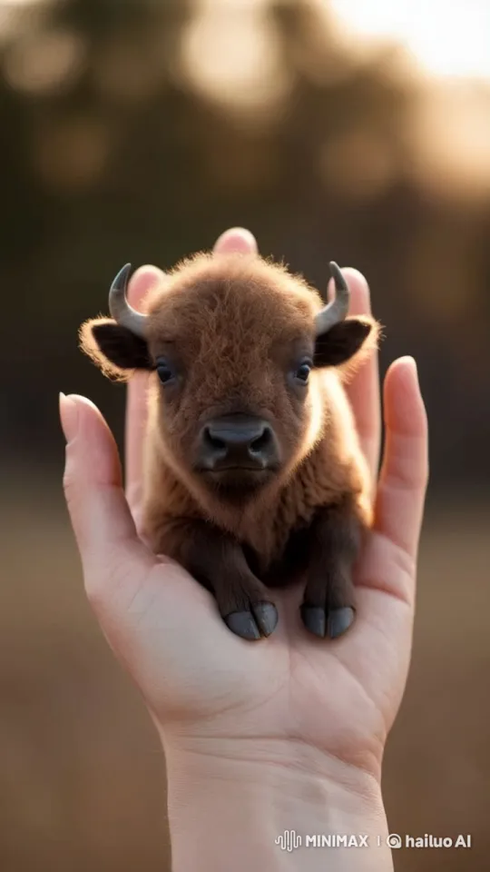 Tiny Bison Calf Cradled in Gentle Hands – AI Generated Video | Hailuo AI
