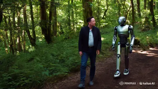 Elon Musk and Futuristic Robot in Serene Forest Setting – AI Generated Video | Hailuo AI