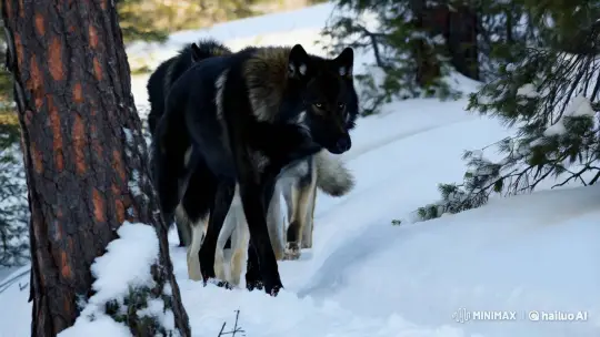 Black Wolf Leads Pack Through Snowy Forest Path – AI Generated Video | Hailuo AI