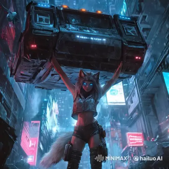 Futuristic Wolf Girl Lifts Armored Truck in Christmas City – AI Generated Video | Hailuo AI