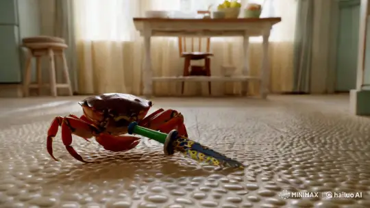 Crab's Toy Stolen by Playful Dog in Serene Kitchen – AI Generated Video | Hailuo AI