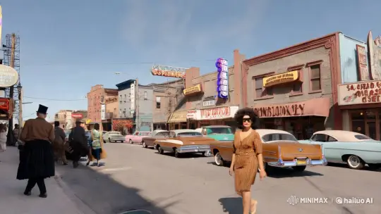 Retro City Life: Latina Woman Stands Out Amidst 1990s Nostalgia – AI Generated Video | Hailuo AI