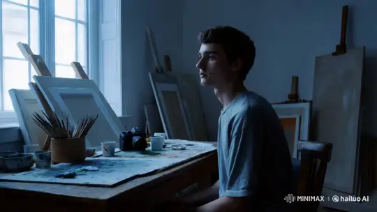 Contemplative Artist in Blue-Tinted Studio – AI Generated Video | Hailuo AI