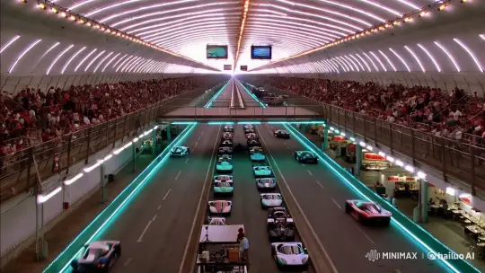 Grand Futuristic Tunnel: Cars, Spectators, and Neon Pulsation – AI Generated Video | Hailuo AI