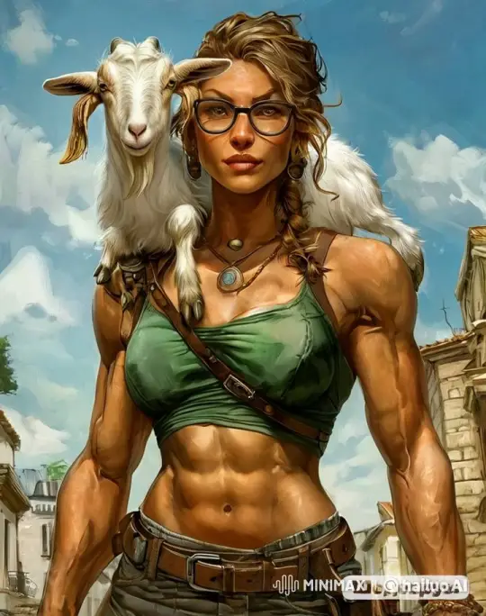 Joyful Woman and Playful Goat in Sunny Town – AI Generated Video | Hailuo AI