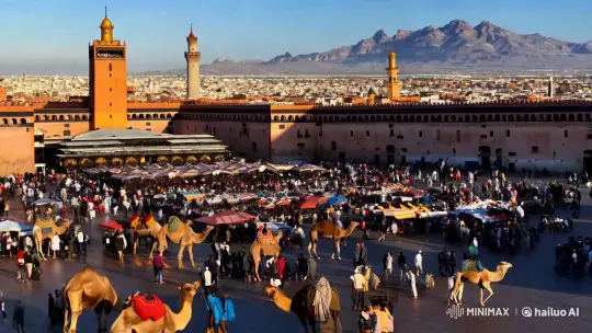 Panoramic View of Historic Jemaa el-Fnaa Square – AI Generated Video | Hailuo AI