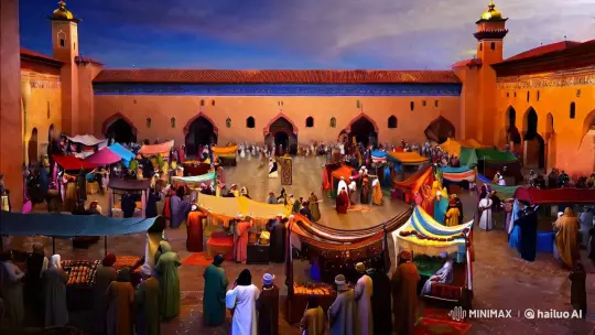 Jemaa el-Fnaa: Medieval Cultural Hub with Performers and Artisans – AI Generated Video | Hailuo AI