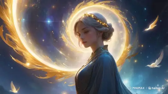 Ethereal Woman with Golden Halo and Doves in Celestial Scene – AI Generated Video | Hailuo AI
