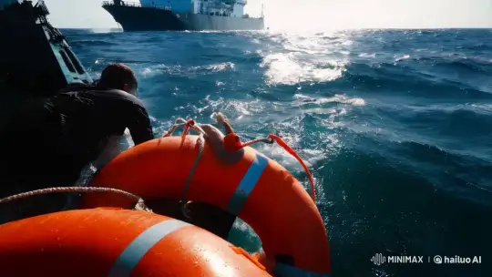 Underwater Struggle for Survival: Deckhand Reaches for Buoy – AI Generated Video | Hailuo AI