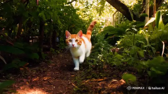 Energetic Tabby Cat Playfully Weaves Through Lush Garden – AI Generated Video | Hailuo AI