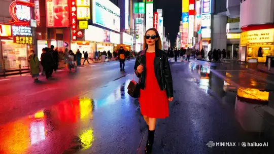 Stylish Woman Navigates Neon-Lit Tokyo Street – AI Generated Video | Hailuo AI