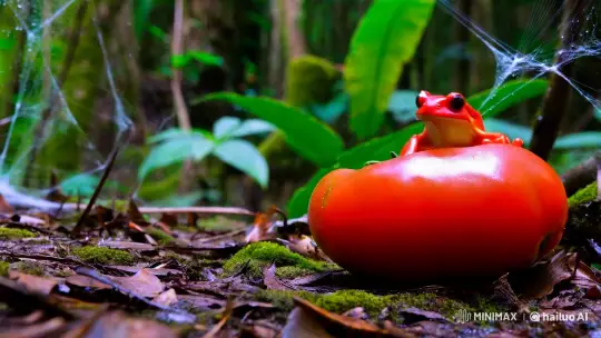 Red Tomato Frog Emerges in Lush Jungle Setting – AI Generated Video | Hailuo AI