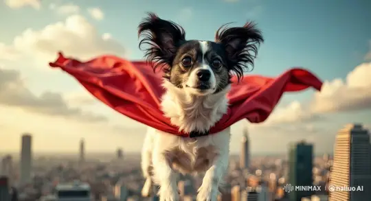 Dog Superhero Soars Over Cityscape in Epic Flight Scene – AI Generated Video | Hailuo AI