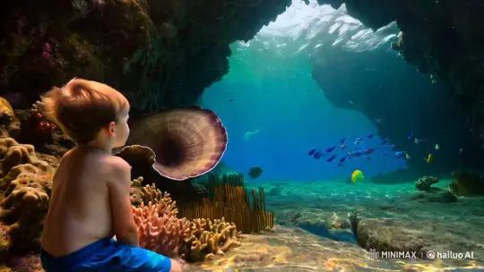 Boy Explores Mystical Underwater Cave in 16K Detail – AI Generated Video | Hailuo AI