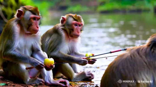 Tranquil Riverbank Fishing: Monkeys in Serene Harmony – AI Generated Video | Hailuo AI