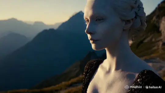 Ultra-Detailed Close-Up of Pale Woman in Dark Dress Amidst Mountains – AI Generated Video | Hailuo AI