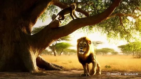 Lion and Monkey in Tense Savannah Standoff – AI Generated Video | Hailuo AI