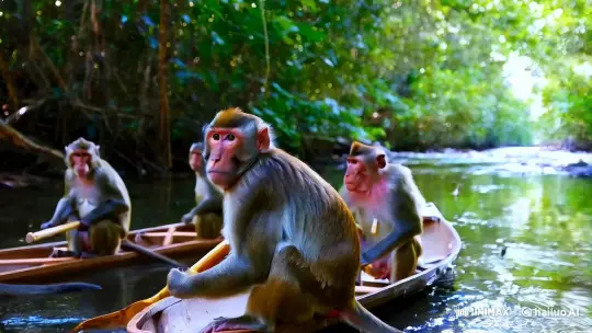 Monkeys Row Canoe in Serene Forest Setting – AI Generated Video | Hailuo AI