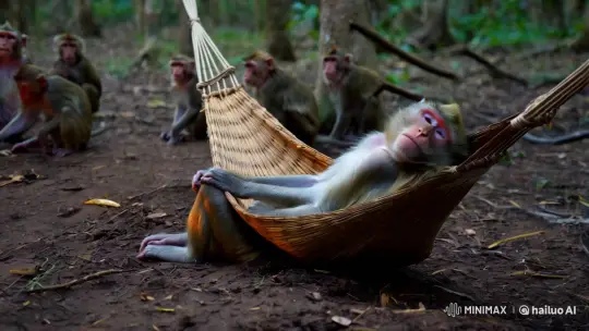 Monkeys Resting in Forest Clearing by Firelight – AI Generated Video | Hailuo AI