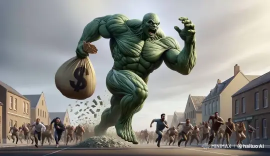Muscular Creature Escapes with Bag of Money Amidst Chaos – AI Generated Video | Hailuo AI