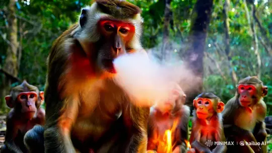 Monkeys Around Fire with Curious Central Figure – AI Generated Video | Hailuo AI