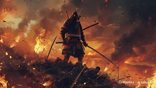 Samurai Stands Firm Amidst Fiery Battle Aftermath – AI Generated Video | Hailuo AI