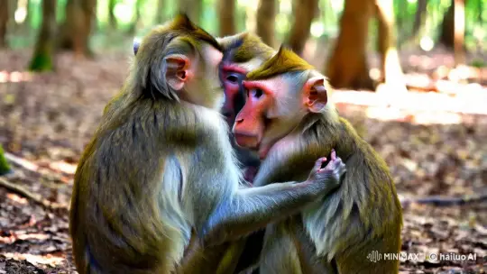 Affectionate Monkeys Embrace in Serene Forest – AI Generated Video | Hailuo AI