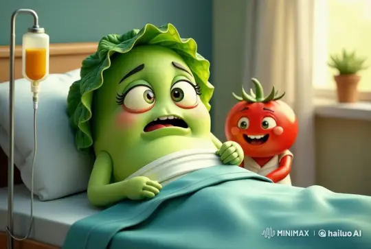 Hospital Room: Animated Lettuce Worries, Tomato Tries to Cheer – AI Generated Video | Hailuo AI