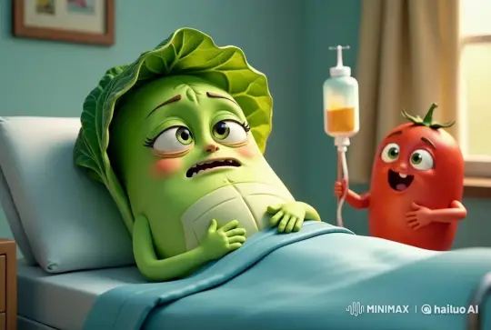 Animated Veggie Hospital Scene with Worried Cabbage and Cheerful Tomato – AI Generated Video | Hailuo AI