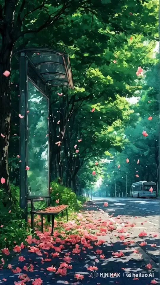 Peaceful Bus Stop with Falling Pink Petals – AI Generated Video | Hailuo AI