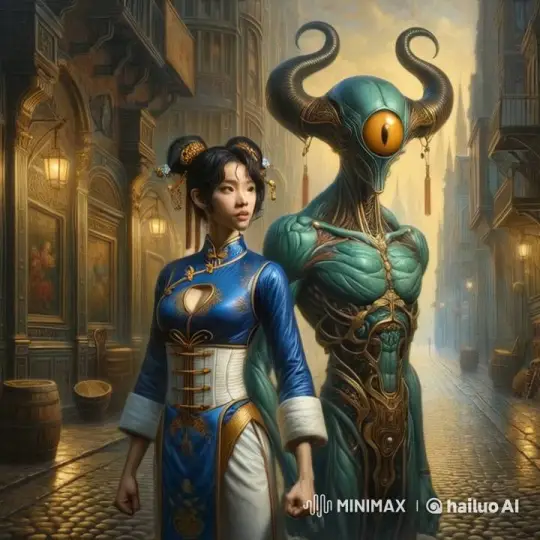 Traditional Woman Meets Mythical Creature in Historical Town – AI Generated Video | Hailuo AI