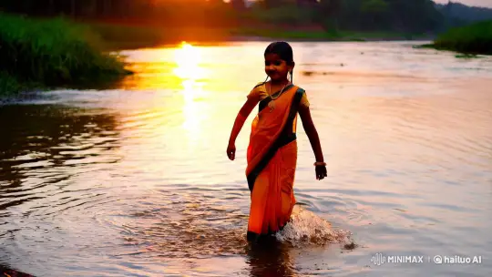 Indian Girl in Sunset's Glow at Sacred Riverbank – AI Generated Video | Hailuo AI