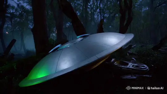 Alien Saucer Rests in Nocturnal Forest – AI Generated Video | Hailuo AI
