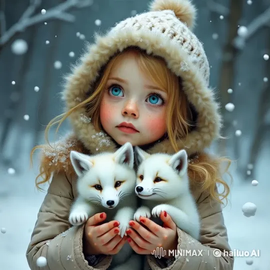 Young Girl Enjoys Winter Play with White Fox Cubs – AI Generated Video | Hailuo AI