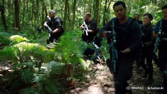 Armed Individuals Advance Through Lush Forest Cinematic Scene – AI Generated Video | Hailuo AI