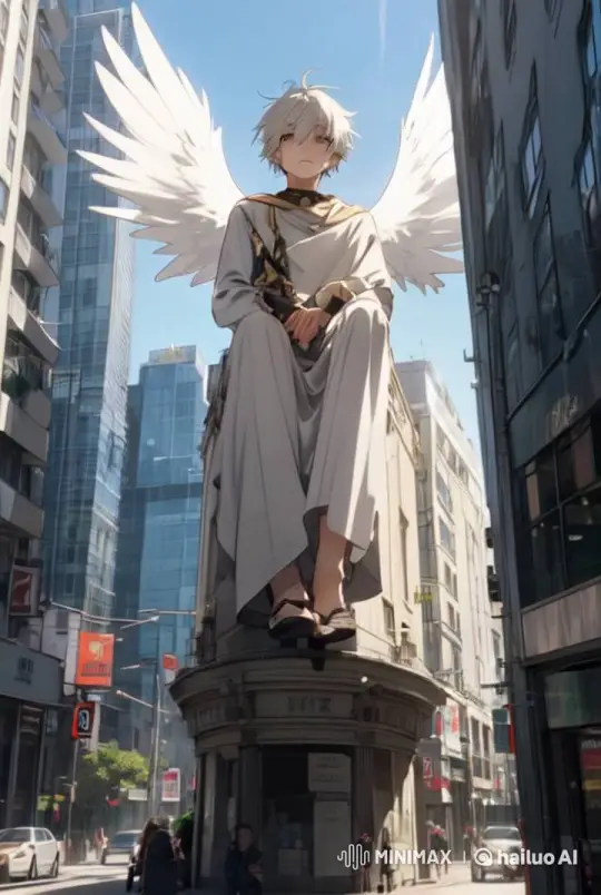 Angel Emerges from Rooftop, Walks Through Cityscape – AI Generated Video | Hailuo AI