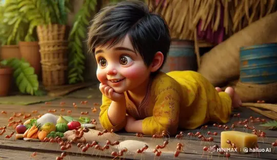 Child Enthusiastically Watches Ants in Rustic Setting – AI Generated Video | Hailuo AI